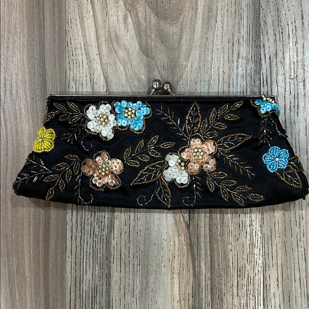 Floral Embroidered Black Clutch